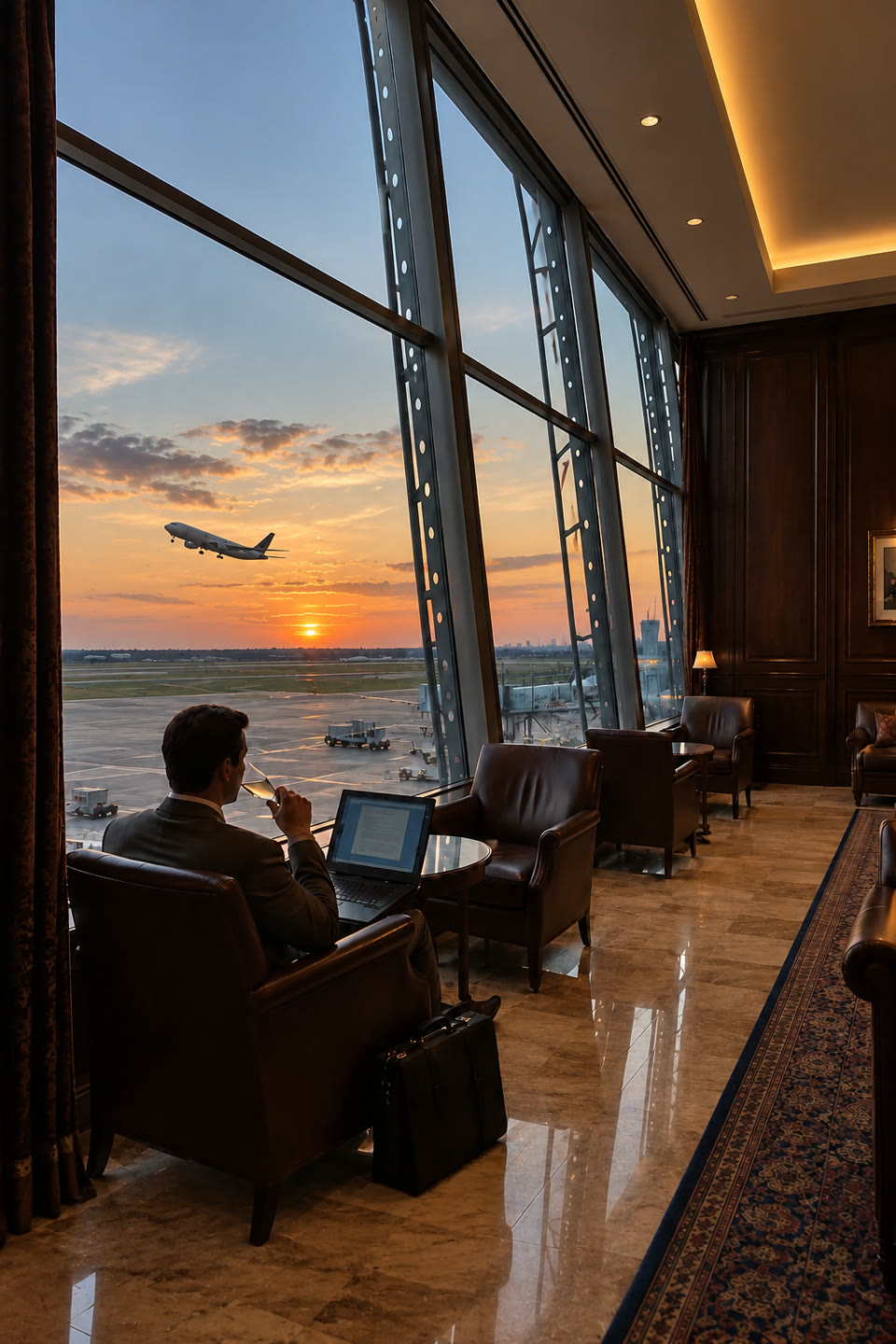 Viajante na sala VIP do aeroporto ao pôr do sol, vendo um avião decolar pela janela